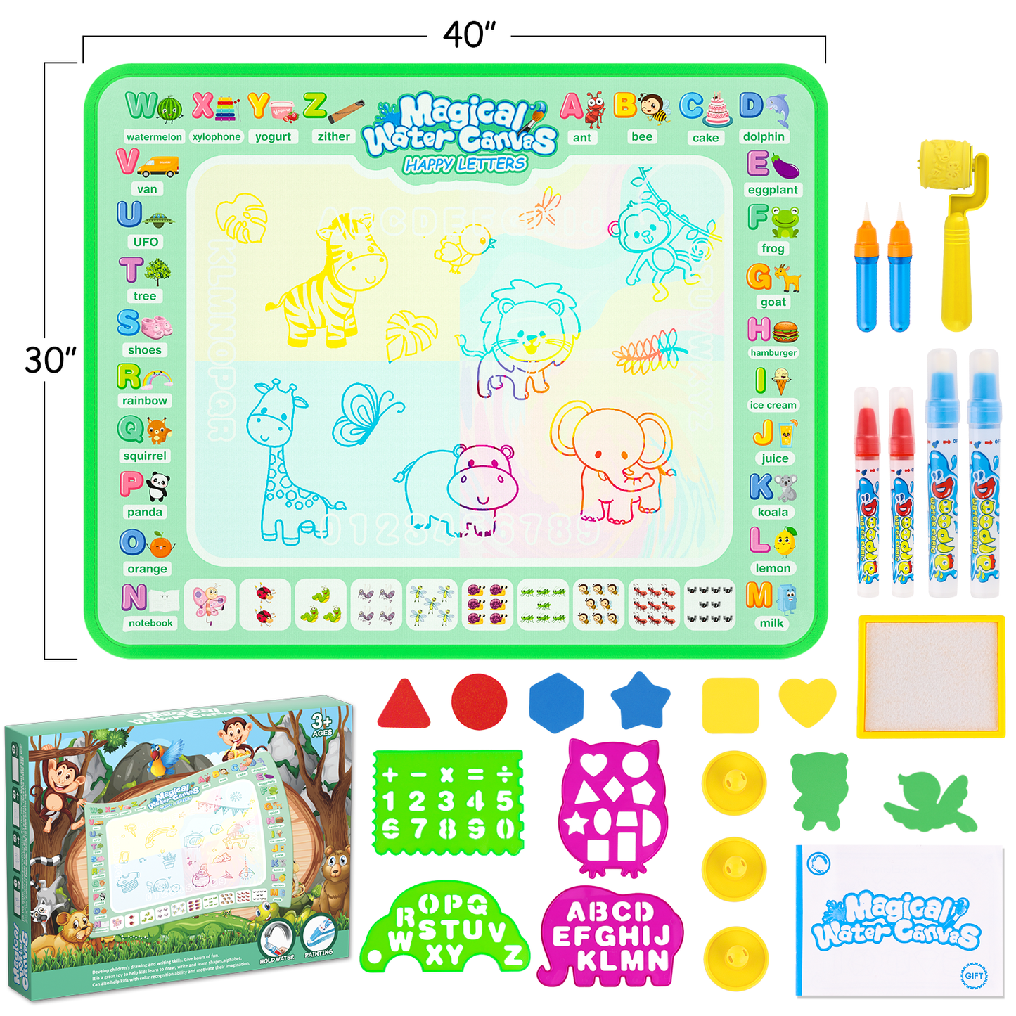 Water Doodle Mat,Reusable Painting Writing Doodle Board Toy,Mess Free Coloring Doodle Drawing Mat Educational Toys,Birthday Christmas Gifts for 3 4 5 6 7 8 Years Old Kids